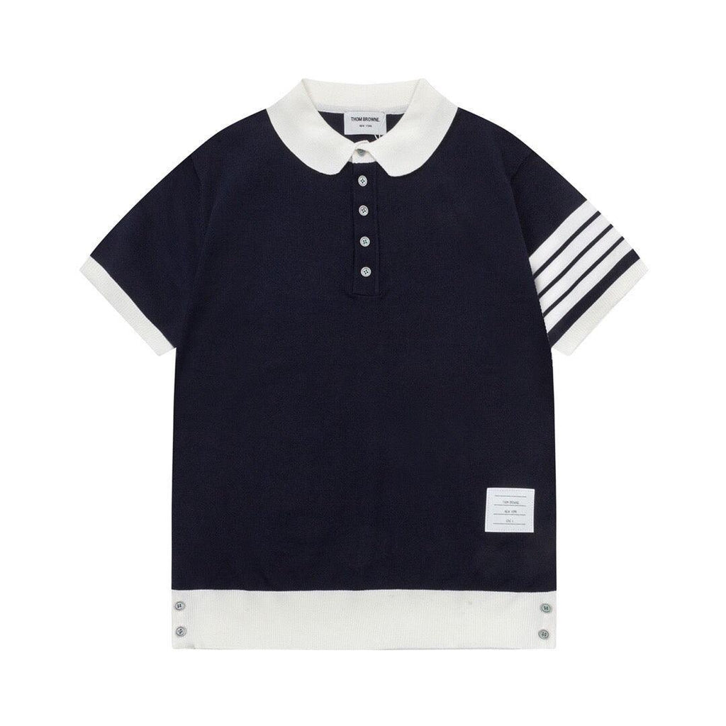 Thom Browne Navy Blue & White T-Shirt with Collar