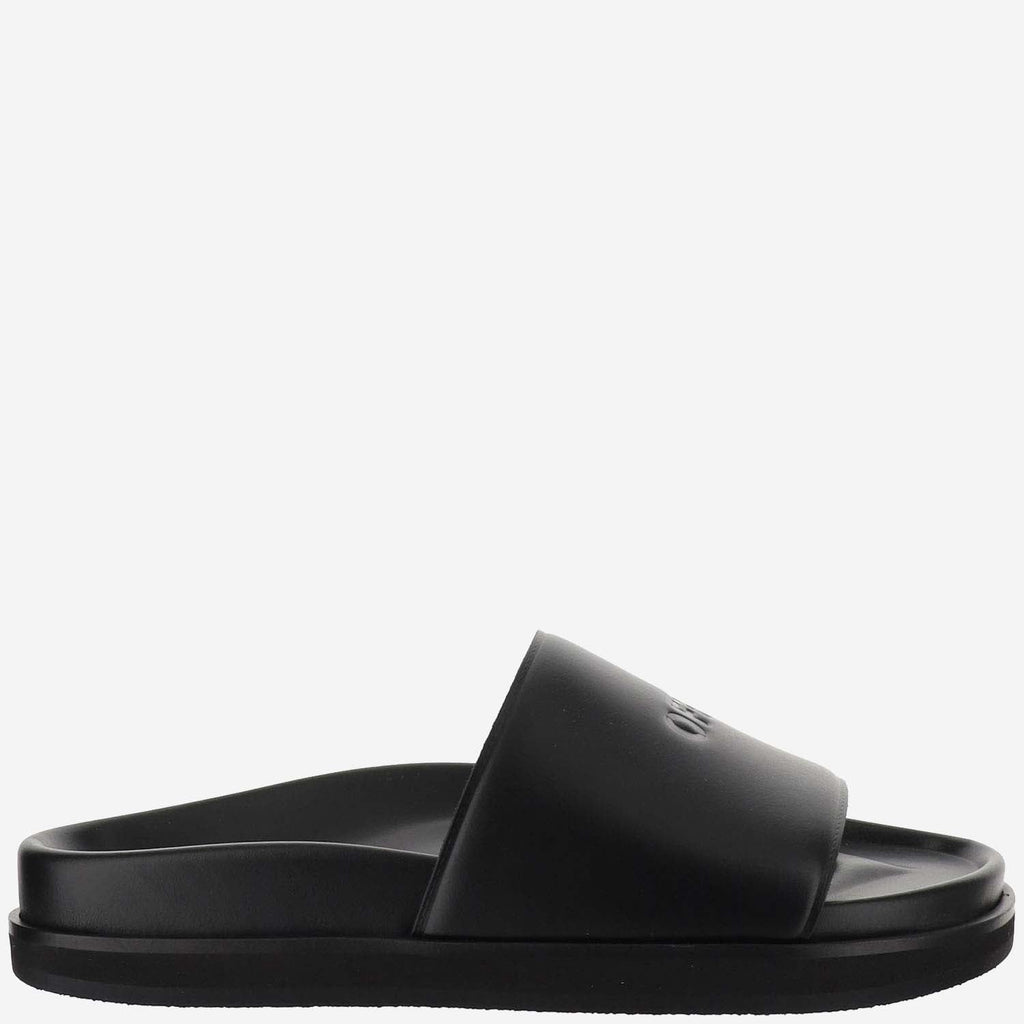 Off White Leather Slippers With Logo
