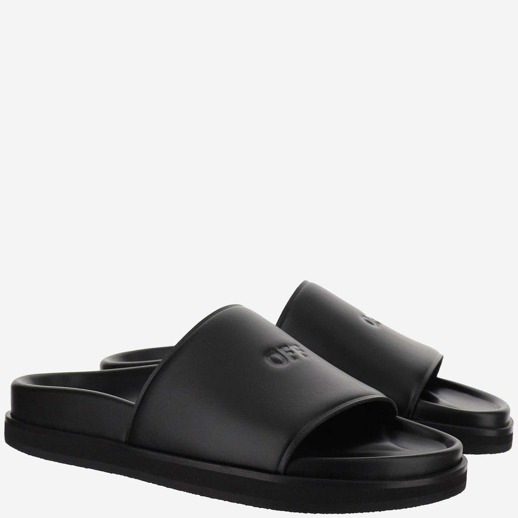 Off White Leather Slippers With Logo