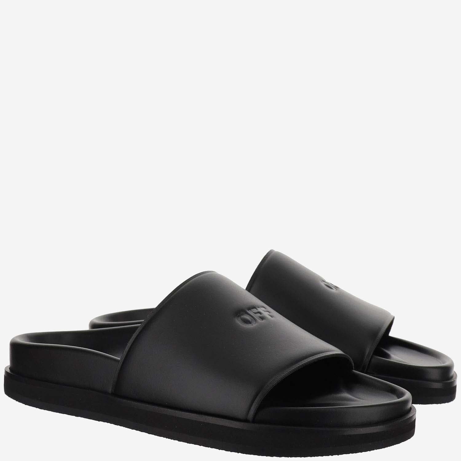 Off White Leather Slippers With Logo
