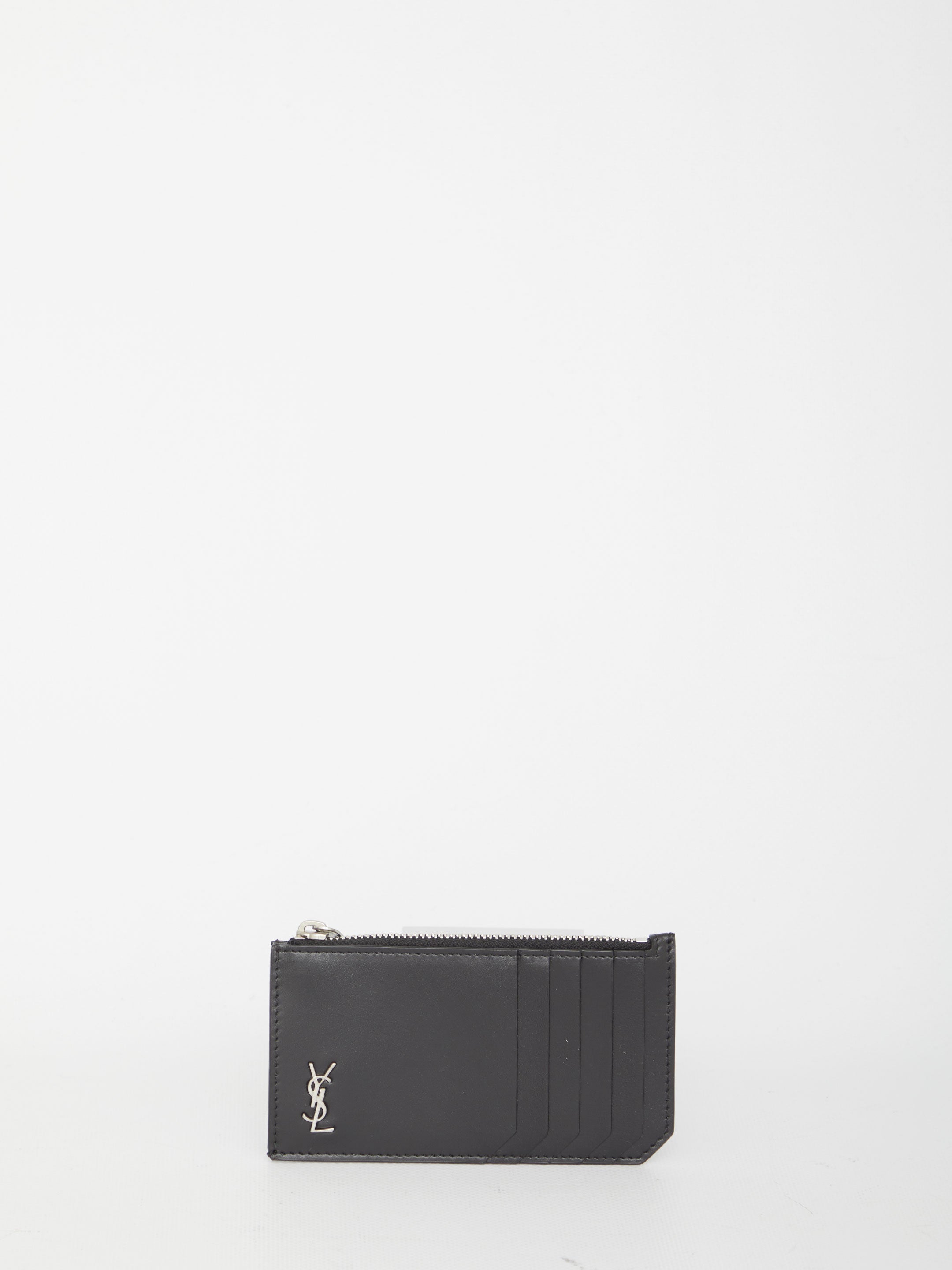 SAINT LAURENT Leather Card Holder with Logo Plaque - Mini