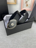 Versace Black Leather Vitello Belt Silver Medallion Buckle